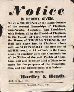Notice of a Meeting re. Tithes for Clapham, Austwick & Lawkland - 1846