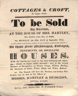 Notice of Sale of Cottages and Croft in Upper Settle - 1831