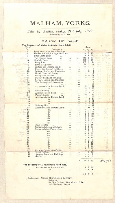 Malham Tarn Estate Order of Sale 1922