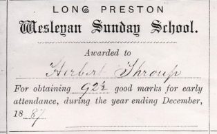 Long Preston Wesleyan Sunday School Certificate of Attendance