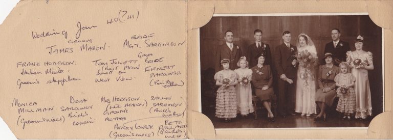 Photograph of the wedding of James Mason and Margaret Sarginson dated January 1940