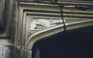 Skipton Castle: lintel carved with stylised talbot hunting dog