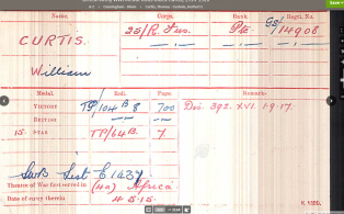 William Curtis, British Army Medal Rolls Index Cards 1914-20